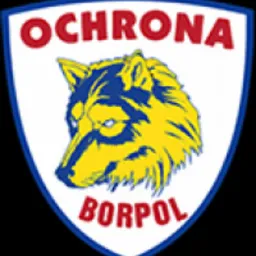 Logo firmy ochroniarskiej Borpol: tarcza z wizerunkiem wilka na żółto-niebieskim tle, czerwony napis Ochrona u góry i Borpol na dole.