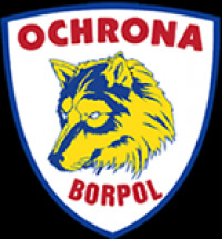Logo firmy ochroniarskiej Borpol: tarcza z wizerunkiem wilka na żółto-niebieskim tle, czerwony napis Ochrona u góry i Borpol na dole.