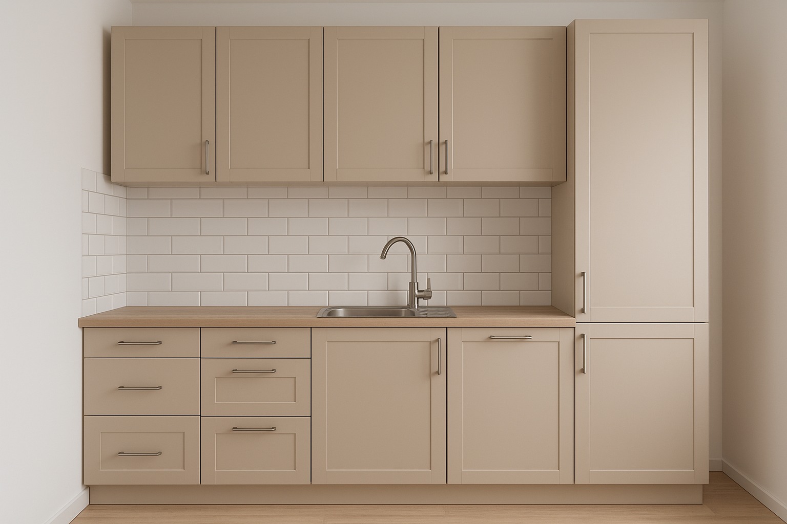 Beżowa zabudowa kuchenna z białymi kafelkami i drewnianym blatem, widok z przodu. Nowoczesna armatura zlewozmywakowa. Minimalistyczny design.