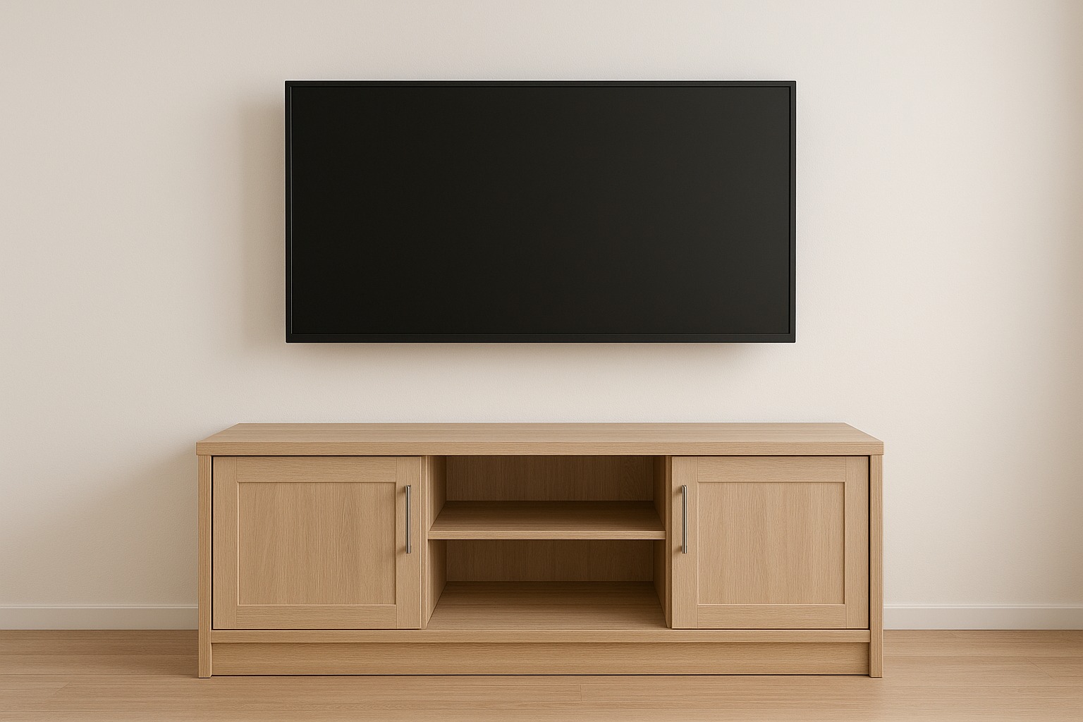 Jasny drewniany stolik RTV z szafkami i półkami, na nim zawieszony czarny telewizor na tle kremowej ściany i drewnianej podłogi. Minimalistyczny design.