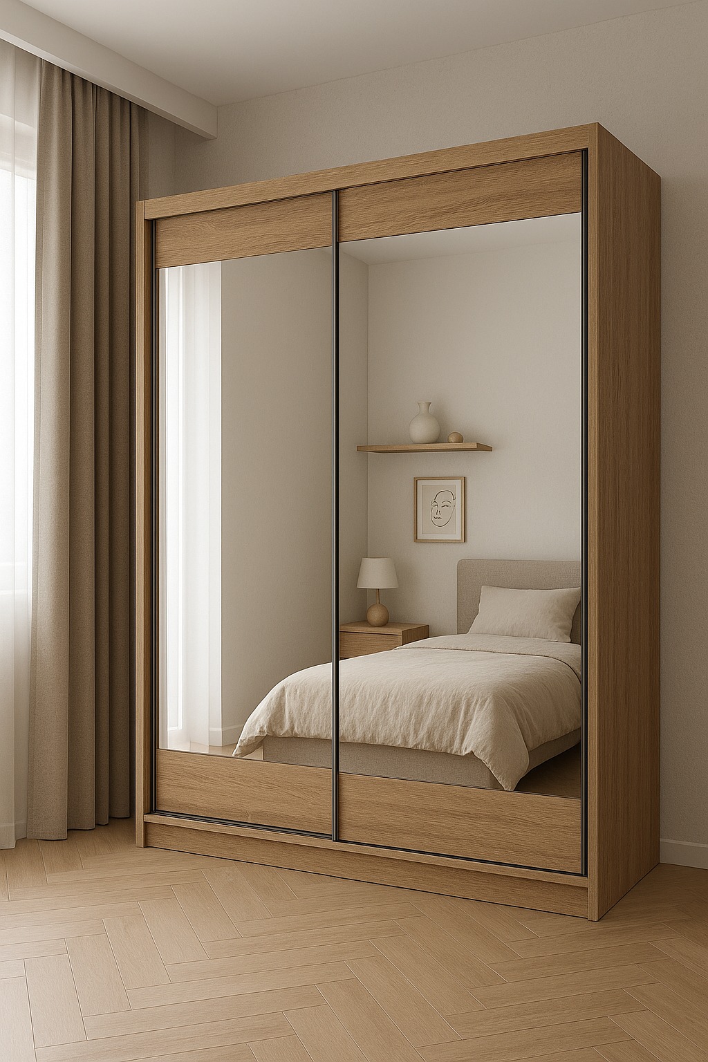 Duża szafa przesuwna z lustrami w sypialni, odbijająca łóżko i minimalistyczny wystrój. Ciepłe oświetlenie, parkiet w jodełkę.