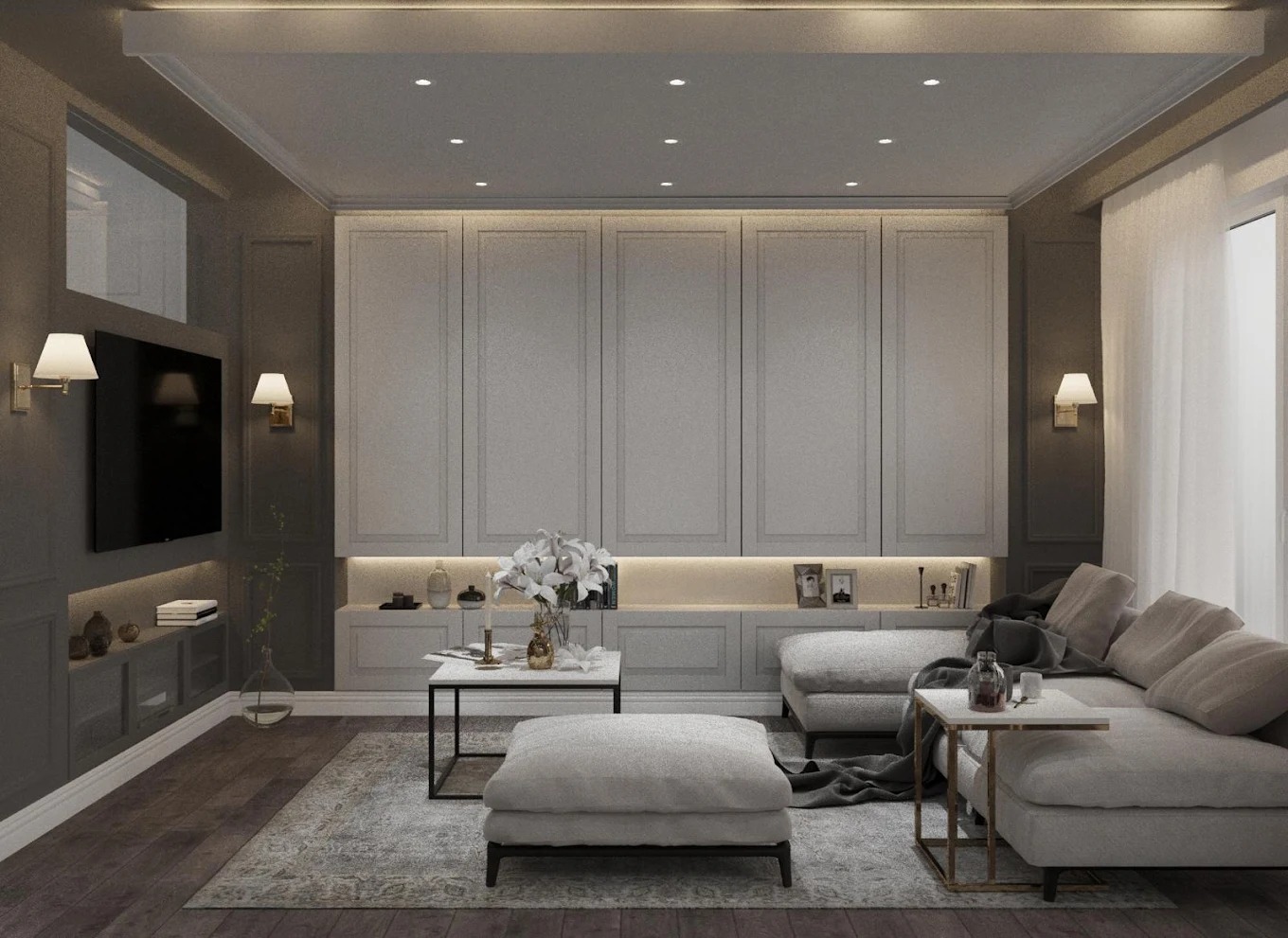 Elegancki salon z szarą zabudową meblową, oświetleniem LED i narożnikiem. Minimalistyczny stolik kawowy z kwiatami. Subtelne oświetlenie ścienne. Nowoczesny design wnętrza.