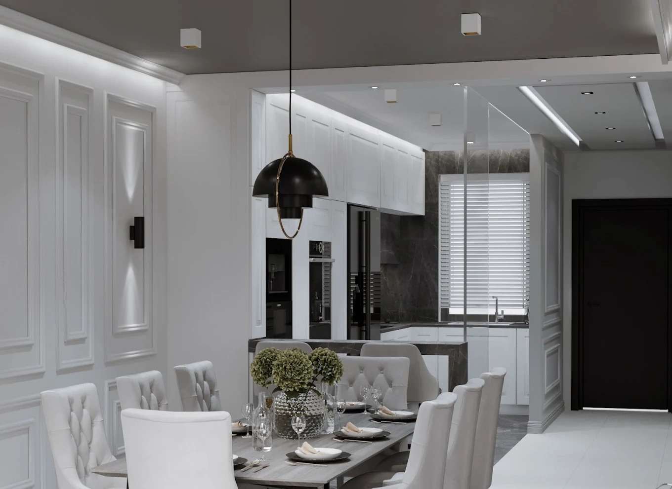 Elegancka jadalnia z widokiem na kuchnię: białe krzesła, stół z nakryciem, designerska lampa wisząca, marmurowy backsplash w kuchni. Nowoczesne wykończenie wnętrz.