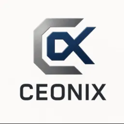 Nowoczesne logo firmy Ceonix z Opola. Srebrno-granatowy znak graficzny z nazwą firmy na białym tle. Geometryczny kształt i wyraźna typografia.