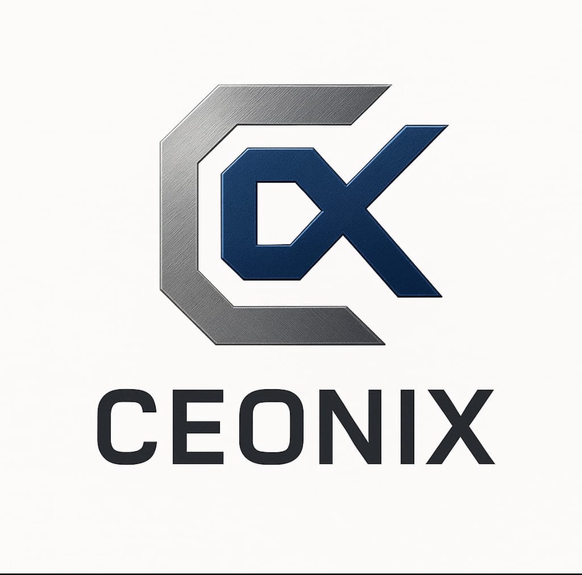 Nowoczesne logo firmy Ceonix z Opola. Srebrno-granatowy znak graficzny z nazwą firmy na białym tle. Geometryczny kształt i wyraźna typografia.