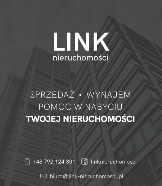 Oferta agencji nieruchomości LINK: sprzedaż, wynajem, pomoc w nabyciu. Na tle budynków kontakt: +48 792 124 301, biuro@link-nieruchomosci.pl, linknieruchomosci (Facebook).