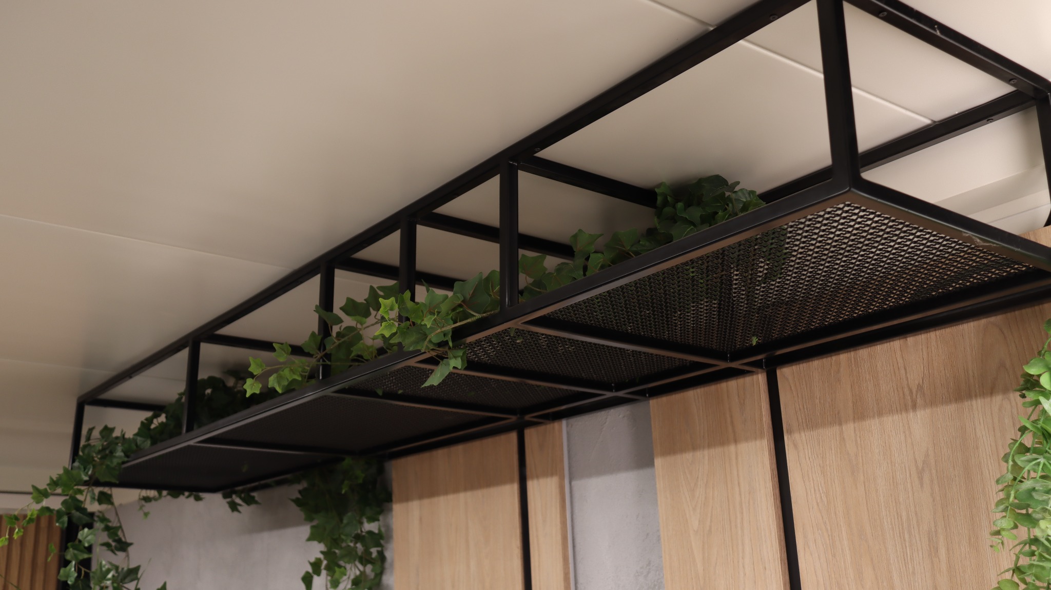Czarna, metalowa konstrukcja pod sufitem z siatką i roślinami pnącymi, tworząca dekoracyjny element wnętrza. Widoczne drewniane panele na ścianie.
