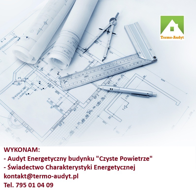 Plan architektoniczny z narzędziami kreślarskimi: cyrkiel, linijka, ołówek, zwinięte plany. Logo firmy w prawym górnym rogu. Precyzja i planowanie w budownictwie.