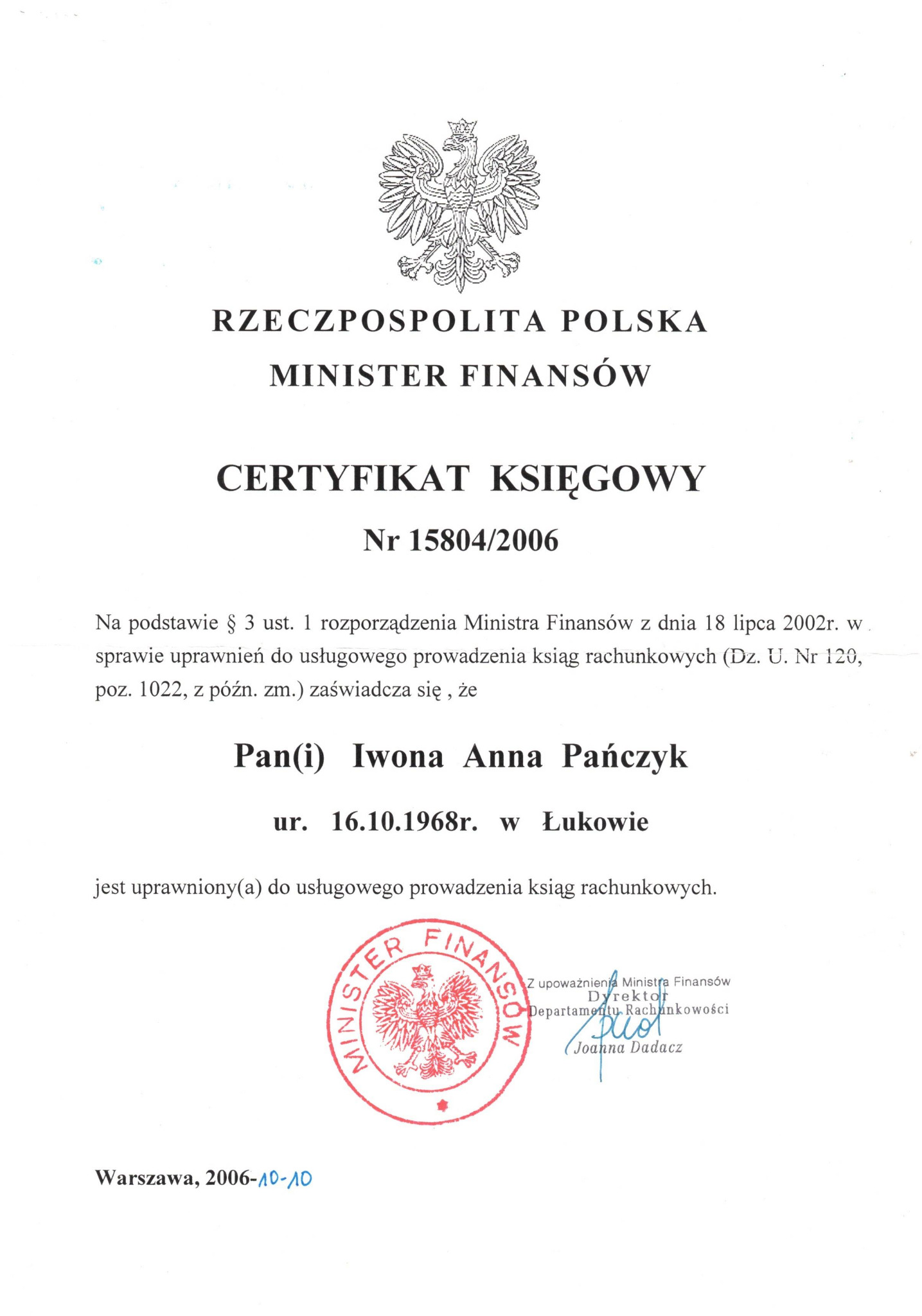 Certyfikat Księgowy Ministra Finansów dla Iwony Anny Pańczyk z 2006 roku, uprawniający do prowadzenia ksiąg rachunkowych, z pieczęcią i podpisem.
