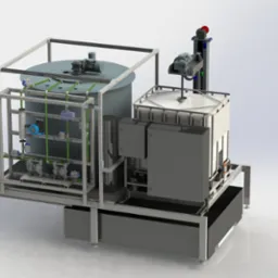 CAD projekt instalacji przemysłowej: zbiorniki, pompy, rurociągi w stalowej ramie. Realistyczna wizualizacja inżynierska z detalami.