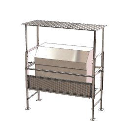 Ultra Solutions - CAD model stalowej konstrukcji z zadaszeniem i perforowanym panelem, prezentujący projekt inżynieryjny z widocznymi detalami połączeń.