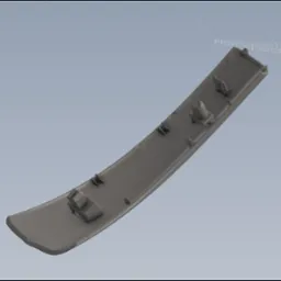 Szary model 3D listwy samochodowej Renault, widok od spodu z mocowaniami. Widoczne napisy i oznaczenia na elemencie. Prezentacja detali konstrukcyjnych.