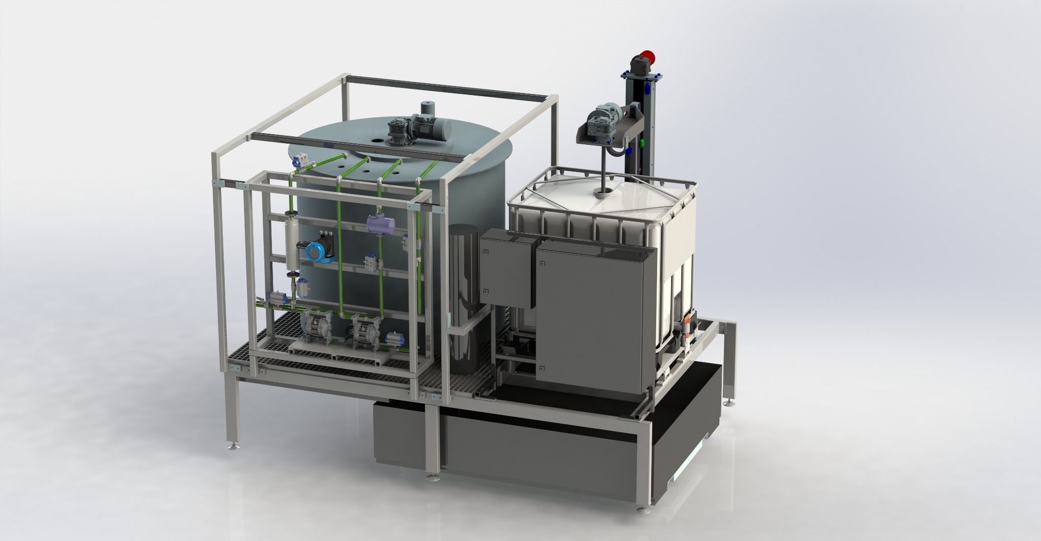 CAD projekt instalacji przemysłowej: zbiorniki, pompy, rurociągi w stalowej ramie. Realistyczna wizualizacja inżynierska z detalami.