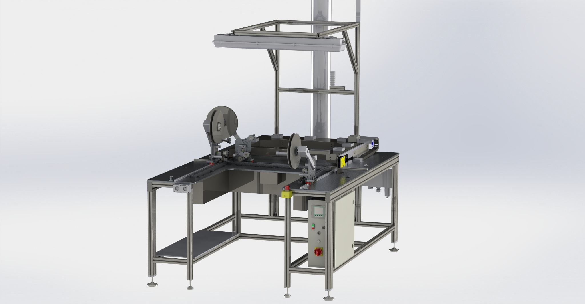 Szczegółowy model 3D maszyny przemysłowej z elementami automatyki, widoczny panel sterowania i system transportu. Precyzyjna wizualizacja inżynieryjna.