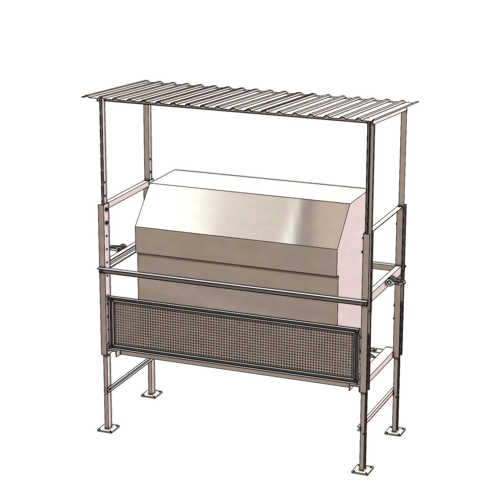 CAD model stalowej konstrukcji z zadaszeniem i perforowanym panelem, prezentujący projekt inżynieryjny z widocznymi detalami połączeń.