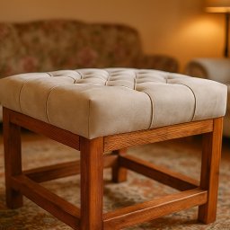 Pufa również pod zamówienie indywidualne, delikatne pikowanie, stelaż sosnowy lakierowany, tkanina 