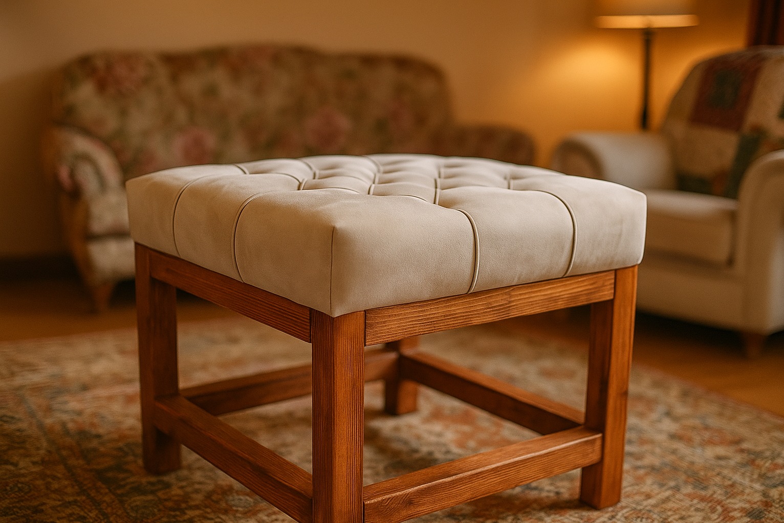 Pufa również pod zamówienie indywidualne, delikatne pikowanie, stelaż sosnowy lakierowany, tkanina 'Matt Velvet'