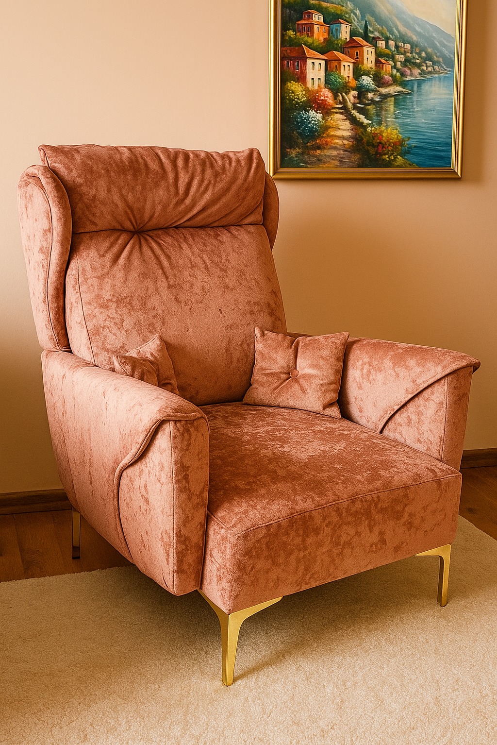 Różowy, welurowy fotel z poduszkami i złotymi nogami, ustawiony na kremowym dywanie. Nad nim wisi obraz z pejzażem.