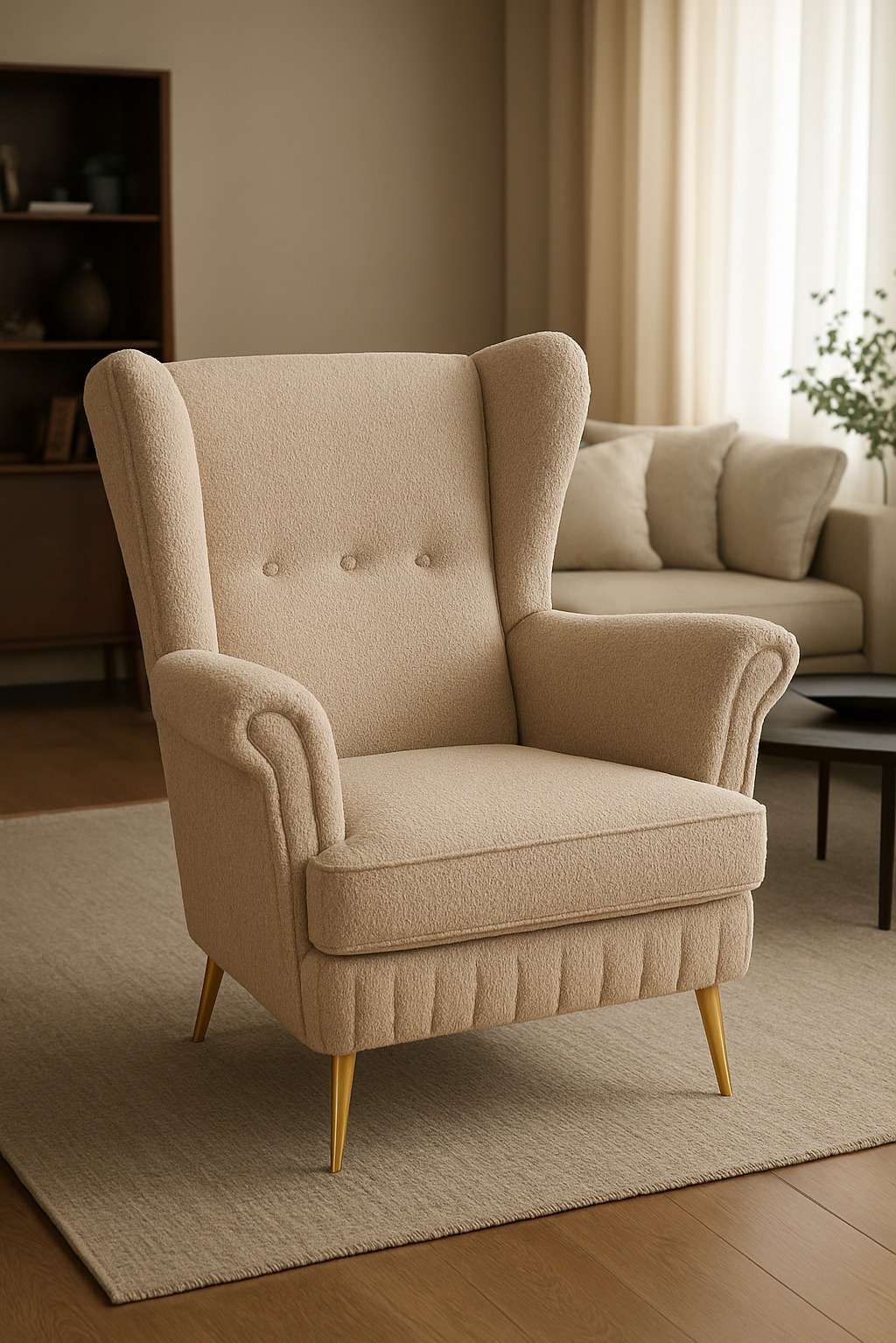 Beżowy fotel typu uszak z trzema guzikami na oparciu i złotymi nóżkami, na tle salonu w neutralnych barwach. Tkanina o wyraźnej fakturze.