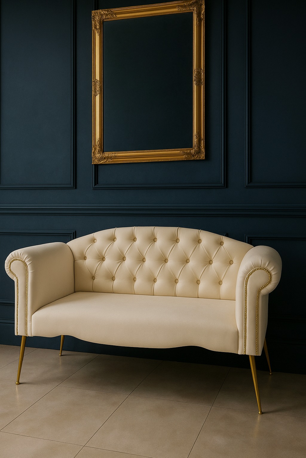 Sofka wykonana również na zamówienie z projektu klientki, do agencji fotograficznej, tkanina 'Venus Velvet'