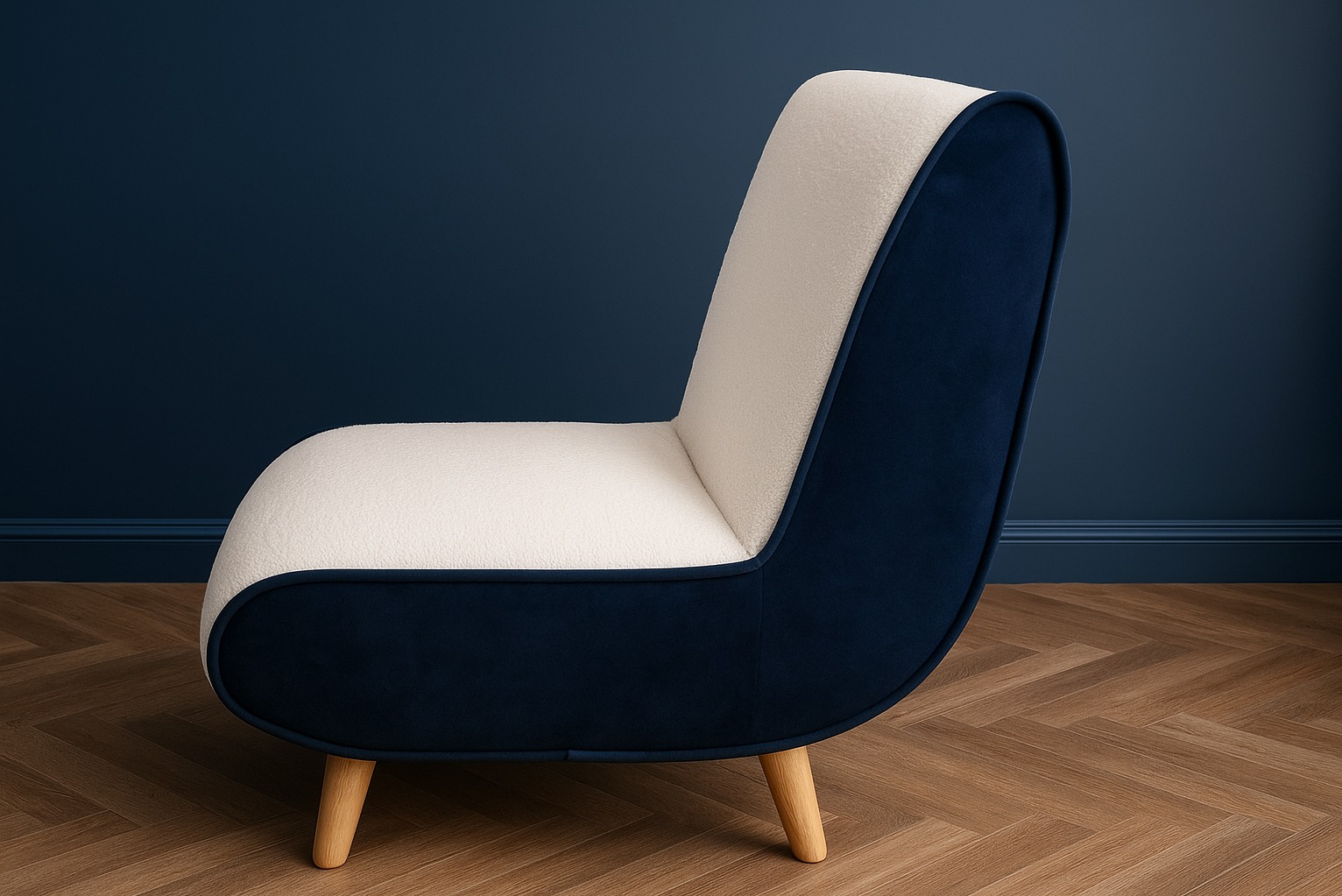 fotel z własnego projektu, połączenie dwóch różnych tkanin, biały 'Lambi' oraz granatowy 'Venus Velvet'