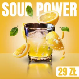 Szklanka z napojem, cytryny, liście na żółtym tle z napisem 'Sour Power' i ceną 29 zł. Dynamiczna kompozycja, świeże składniki, nowoczesny design.
