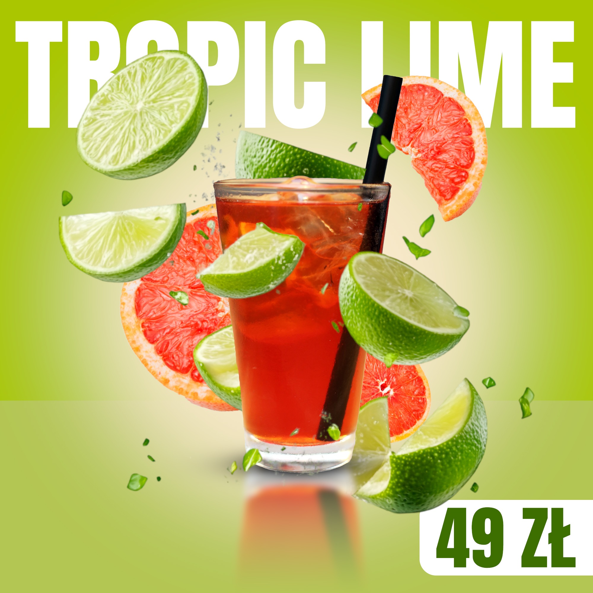 Grafika promocyjna: szklanka napoju z lodem, limonki, grejpfruty i napis 'Tropic Lime' na zielonym tle, cena 49 zł.