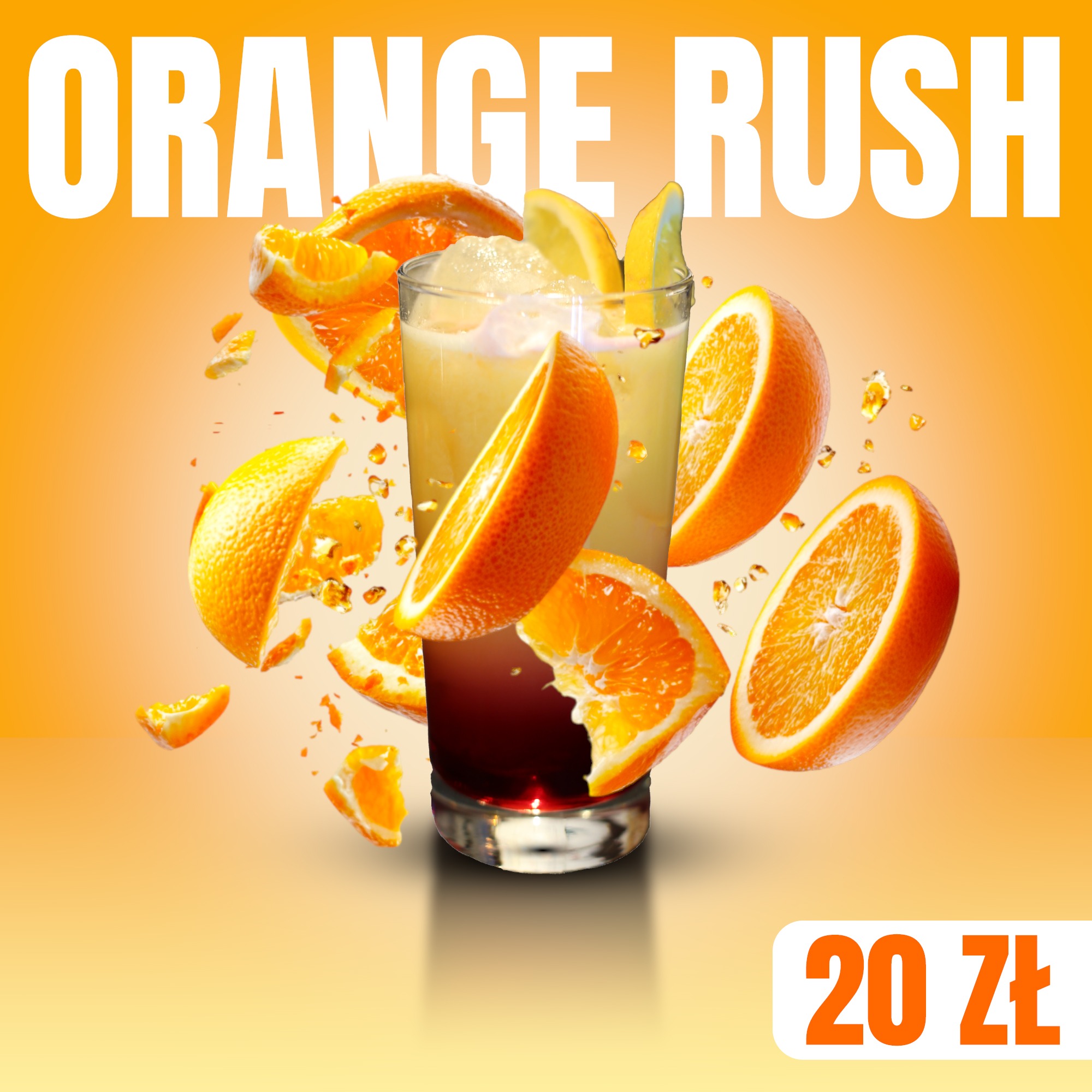 Promocyjna grafika napoju Orange Rush z pomarańczami w locie i ceną 20 zł na pomarańczowym tle. Dynamiczna kompozycja z efektem rozprysku.