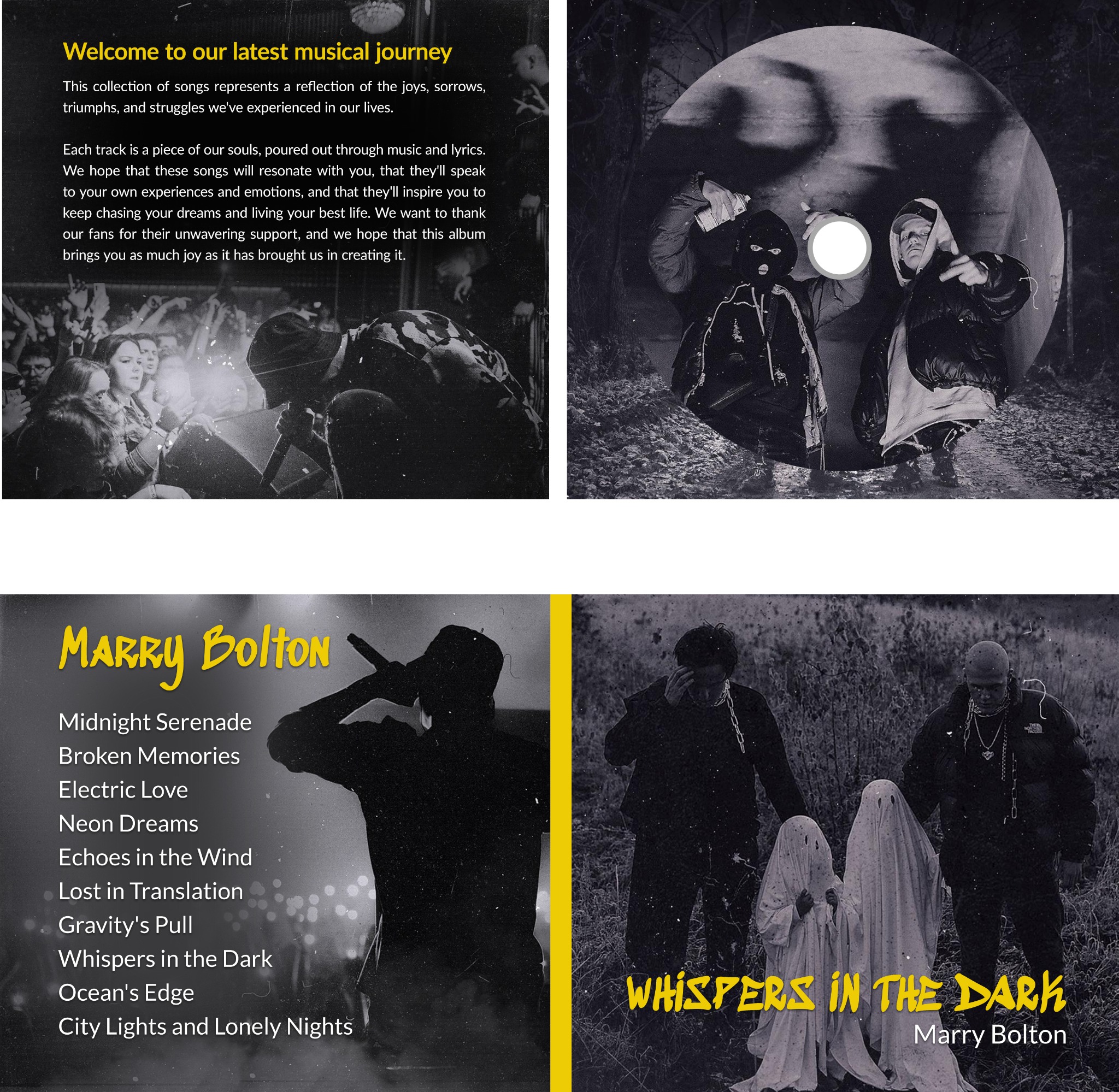 Czarno-biała okładka albumu muzycznego z artystami w różnych sceneriach i stylach, w tym koncert, graffiti i postacie w przebraniach. Żółte napisy tytułów i nazwiska wykonawcy.