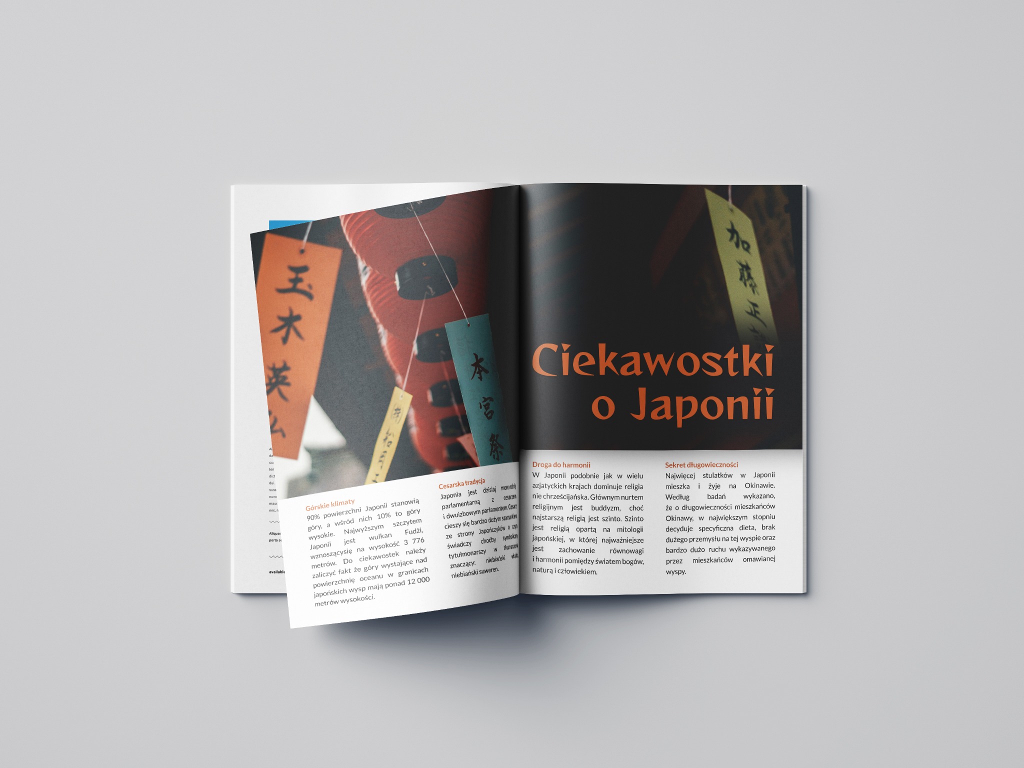 Rozkładówka magazynu z artykułem o Japonii. Widoczne japońskie lampiony i tekst w języku polskim: 'Ciekawostki o Japonii'.
