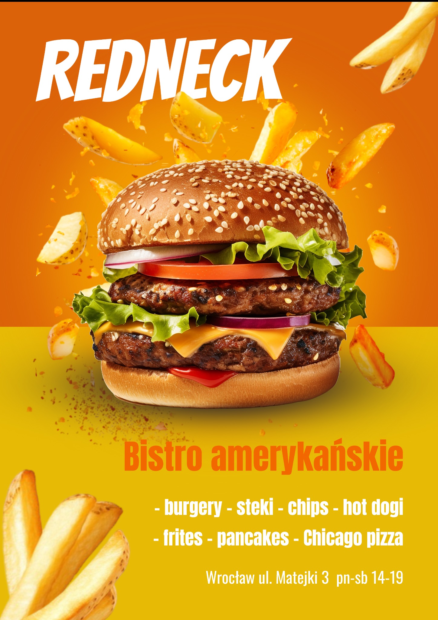 Apetyczny, dwupiętrowy burger z frytkami w Gdyni na pomarańczowym tle, promujący amerykańskie bistro. Widoczny adres lokalu i nazwa 'Redneck'.