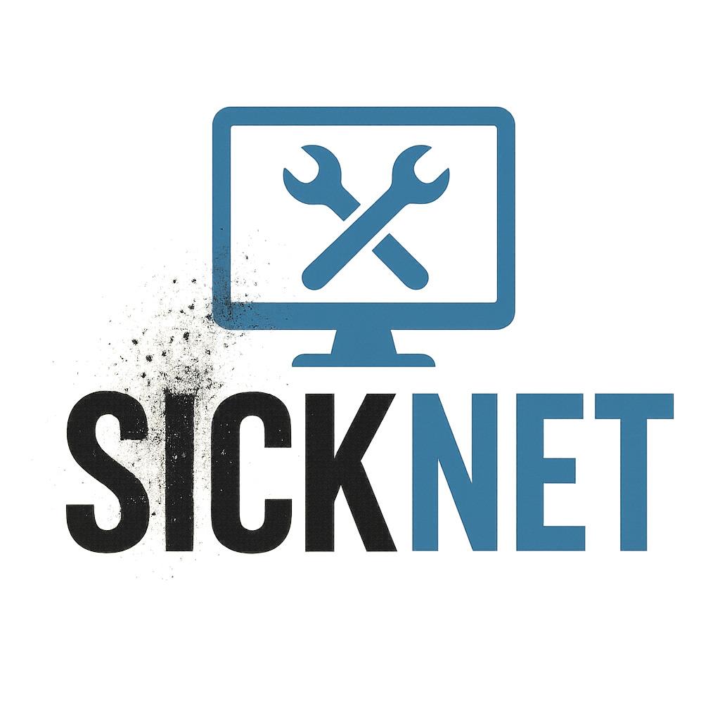 Grafika: logo SICKNET z niebieskim monitorem z kluczami i czarnym napisem. Efekt grunge.