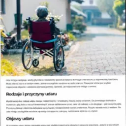 Artykuł na stronie internetowej z tytułem 'Jak rozpoznać objawy udaru mózgu u seniora?', prezentujący osobę starszą na wózku inwalidzkim, z widocznym tekstem.