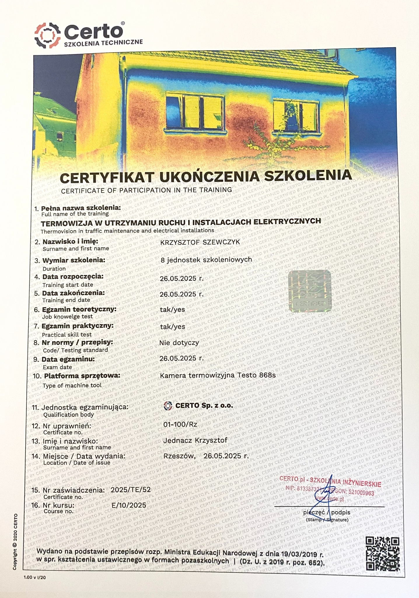 Certyfikat ukończenia szkolenia z termowizji w instalacjach elektrycznych, wystawiony przez CERTO Sp. z o.o. Zawiera dane uczestnika, daty i zakres szkolenia.