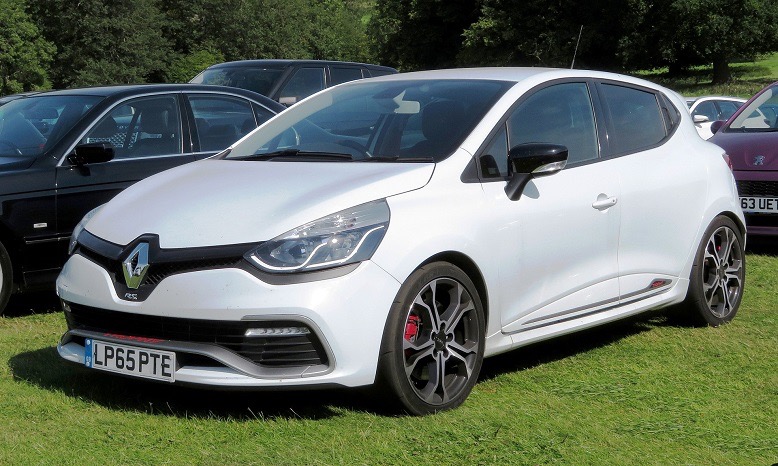 Biały Renault Clio RS na trawie, z widoczną tablicą rejestracyjną LP65 PTE, felgi w kolorze grafitowym, czerwone zaciski hamulcowe. Inne auta w tle.