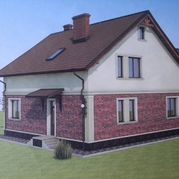 MI-TA group Sp.z.o.o. - Wizualizacja domu jednorodzinnego z ceglaną elewacją, brązowym dachem i oknem dachowym. Widoczna rynna, lampa zewnętrzna i schody wejściowe. Budynek otoczony zielenią.