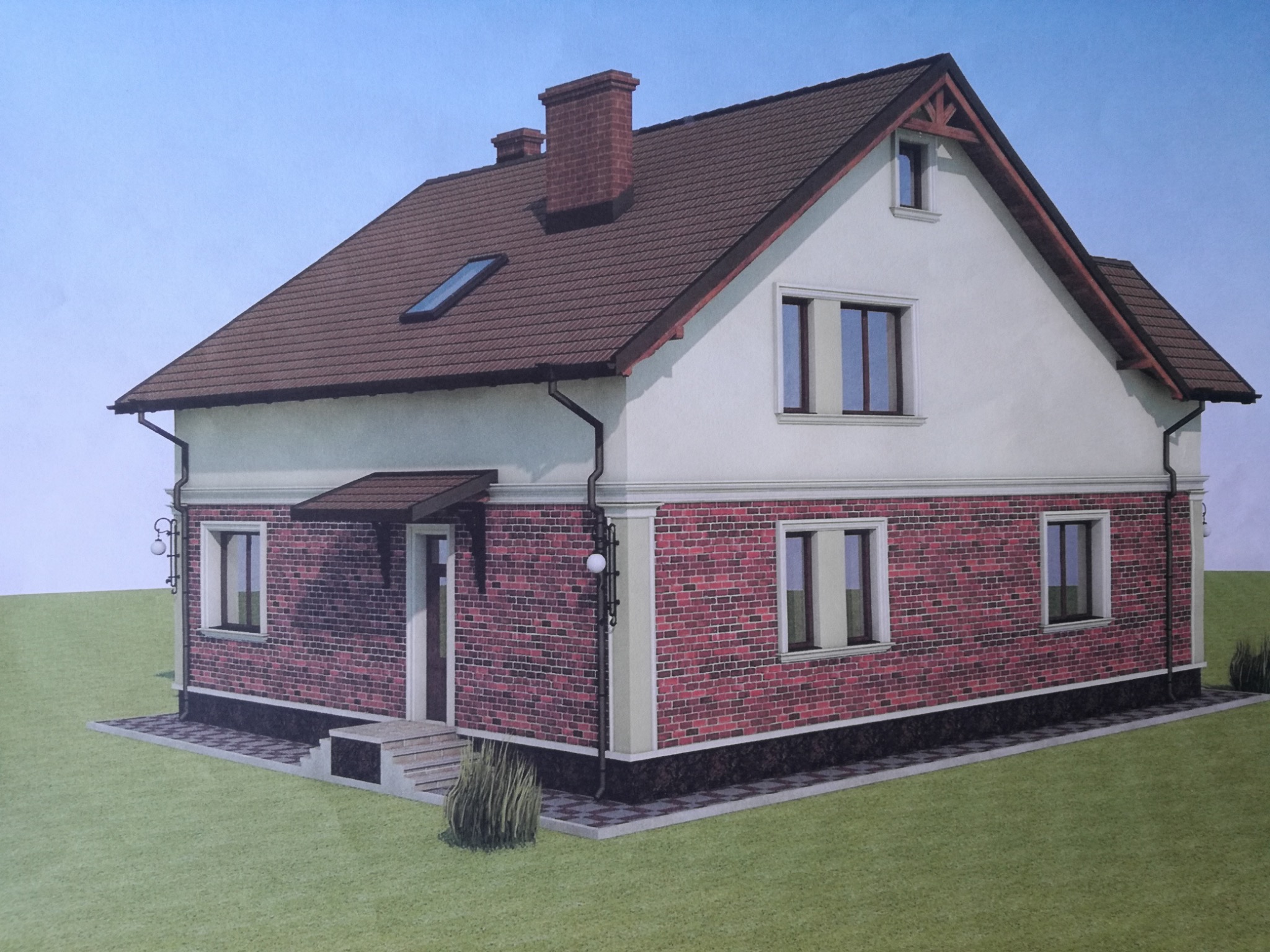 Wizualizacja domu jednorodzinnego z ceglaną elewacją, brązowym dachem i oknem dachowym. Widoczna rynna, lampa zewnętrzna i schody wejściowe. Budynek otoczony zielenią.