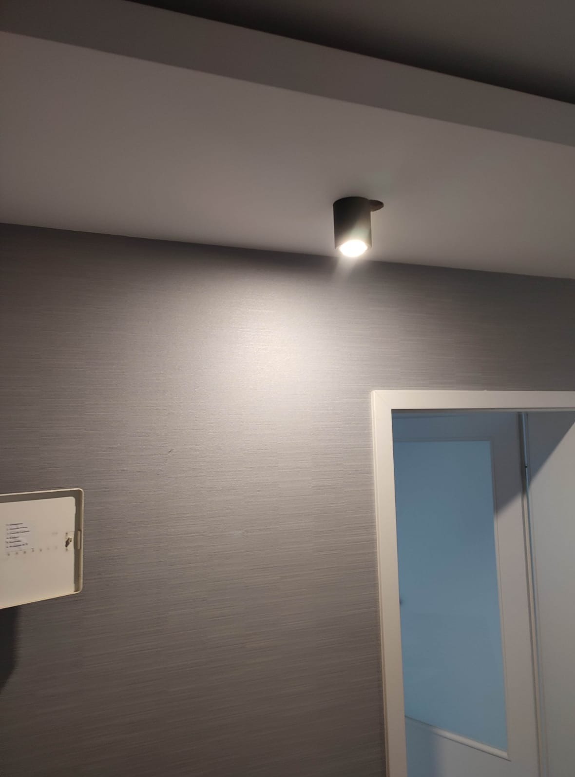 Szara ściana z tapetą w paski, okrągła lampa sufitowa i fragment ościeżnicy drzwiowej. Widoczny panel sterowania domem.