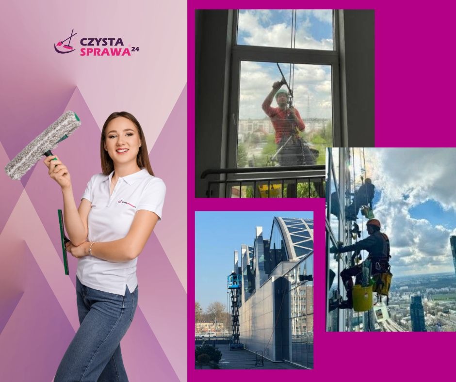 Kolaż: logo firmy sprzątającej, uśmiechnięta kobieta z narzędziami, mycie okien na wysokościach i elewacji biurowca z podnośnika.