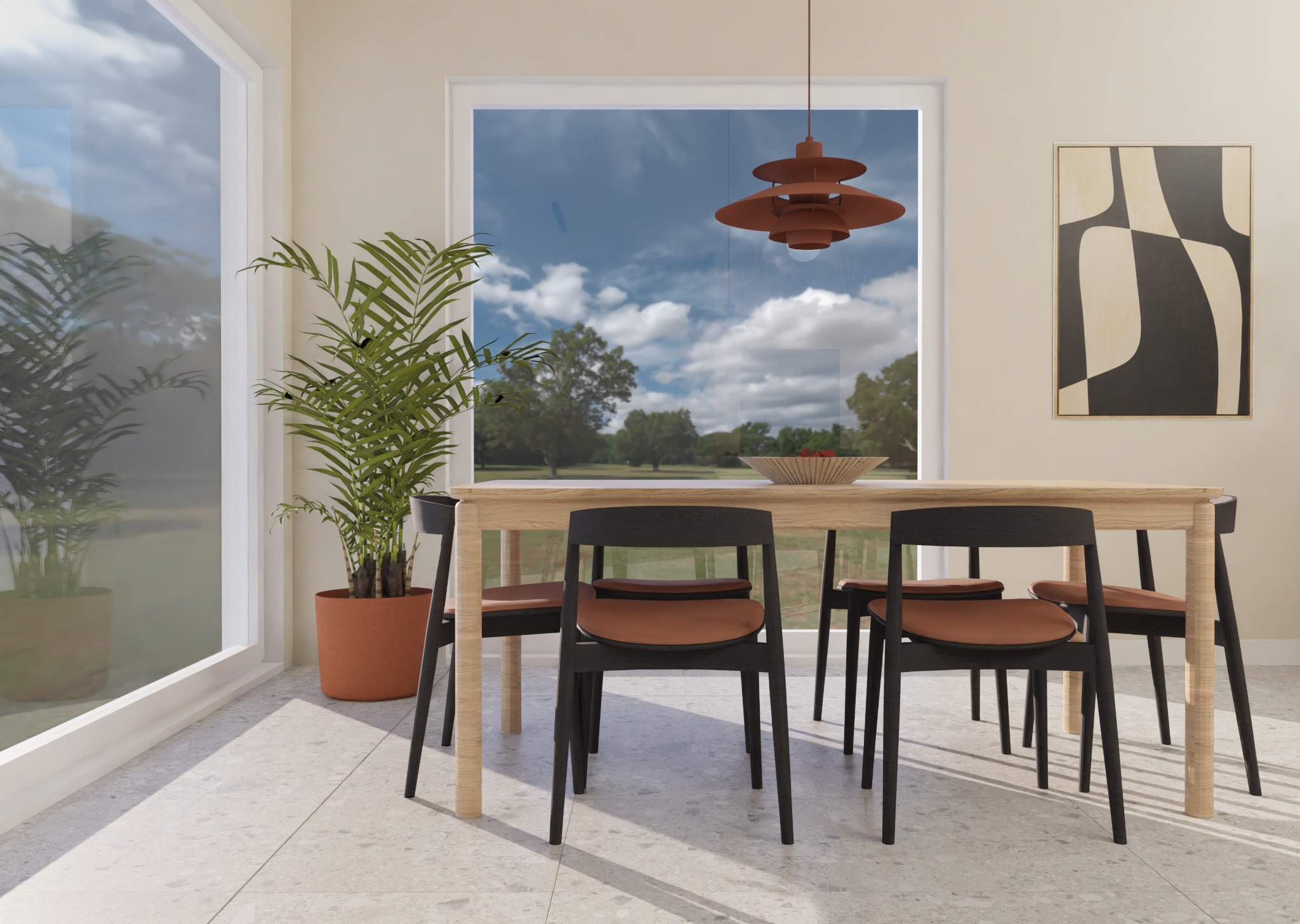 Jasna jadalnia z drewnianym stołem, czarnymi krzesłami z brązowymi siedziskami, nowoczesną lampą i abstrakcyjnym obrazem na ścianie. Widok z okna na zieleń.