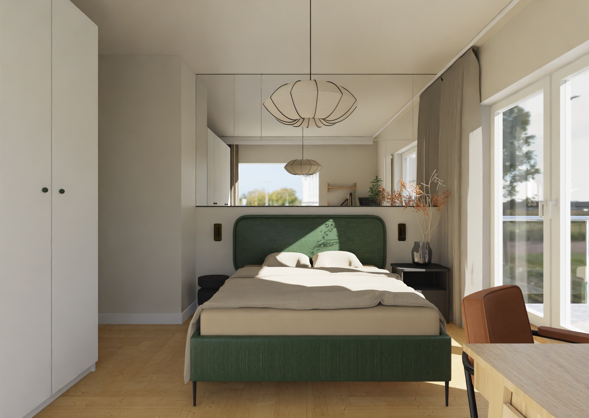 Nowoczesna sypialnia z zielonym łóżkiem, drewnianą podłogą i dużym lustrem nad wezgłowiem. Minimalistyczny design, naturalne światło wpadające przez okno.