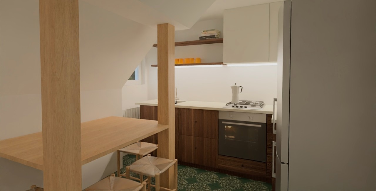 Wnętrze kuchni w skandynawskim stylu z drewnianym stołem, hokerami i zabudową kuchenną. W tle okno i półki z dekoracjami. Ujęcie z perspektywy.