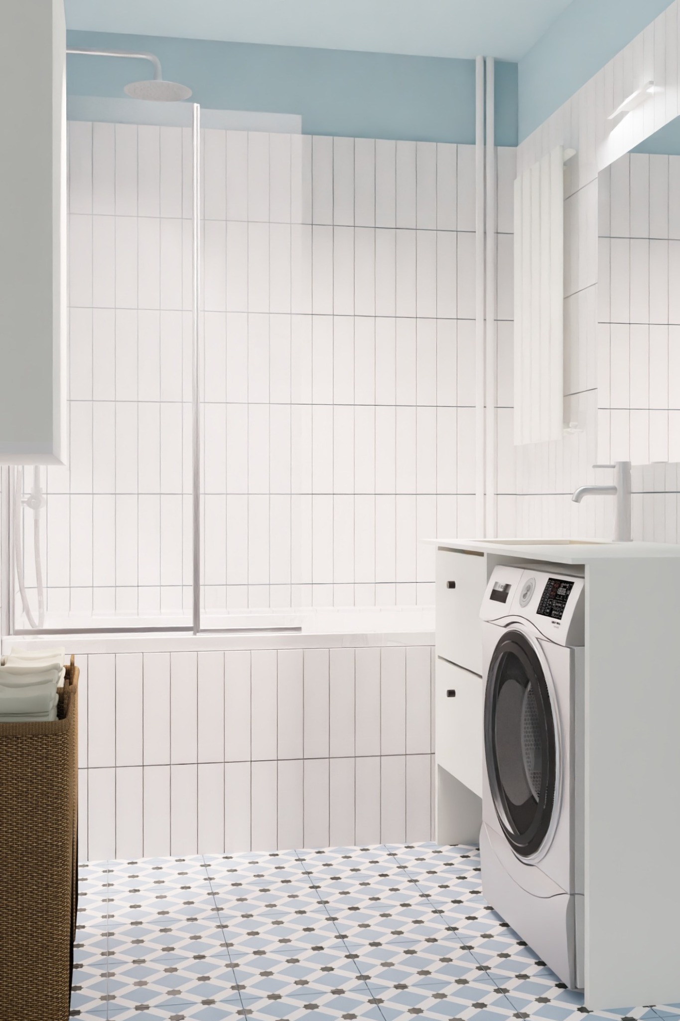 Nowoczesna łazienka w Szczecinie z białą pralką zabudowaną w szafce, białe płytki na ścianach i wzorzysta podłoga w odcieniach błękitu i szarości.