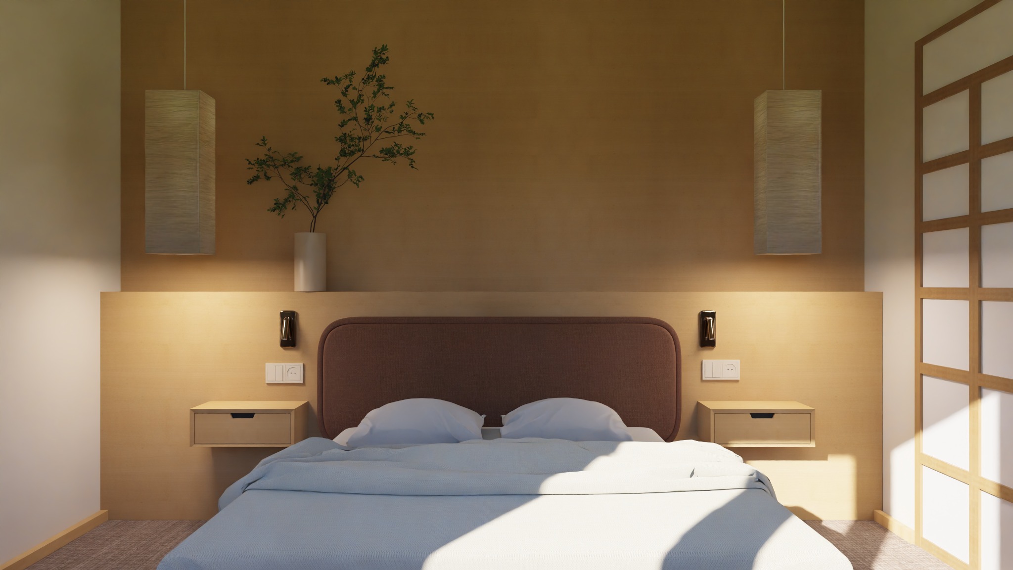 Minimalistyczna sypialnia z drewnianym wezgłowiem, lampami wiszącymi i rośliną w wazonie. Jasne, ciepłe oświetlenie i proste linie tworzą spokojną atmosferę.