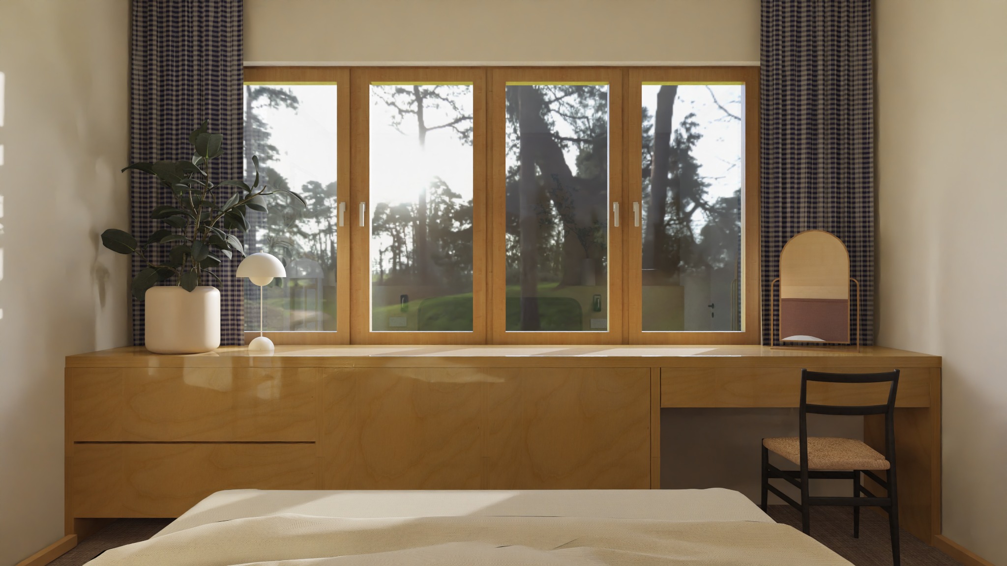 Jasne wnętrze sypialni z dużym oknem i widokiem na zieleń. Drewniane meble i dekoracje w neutralnych barwach. Minimalistyczny styl, naturalne światło.