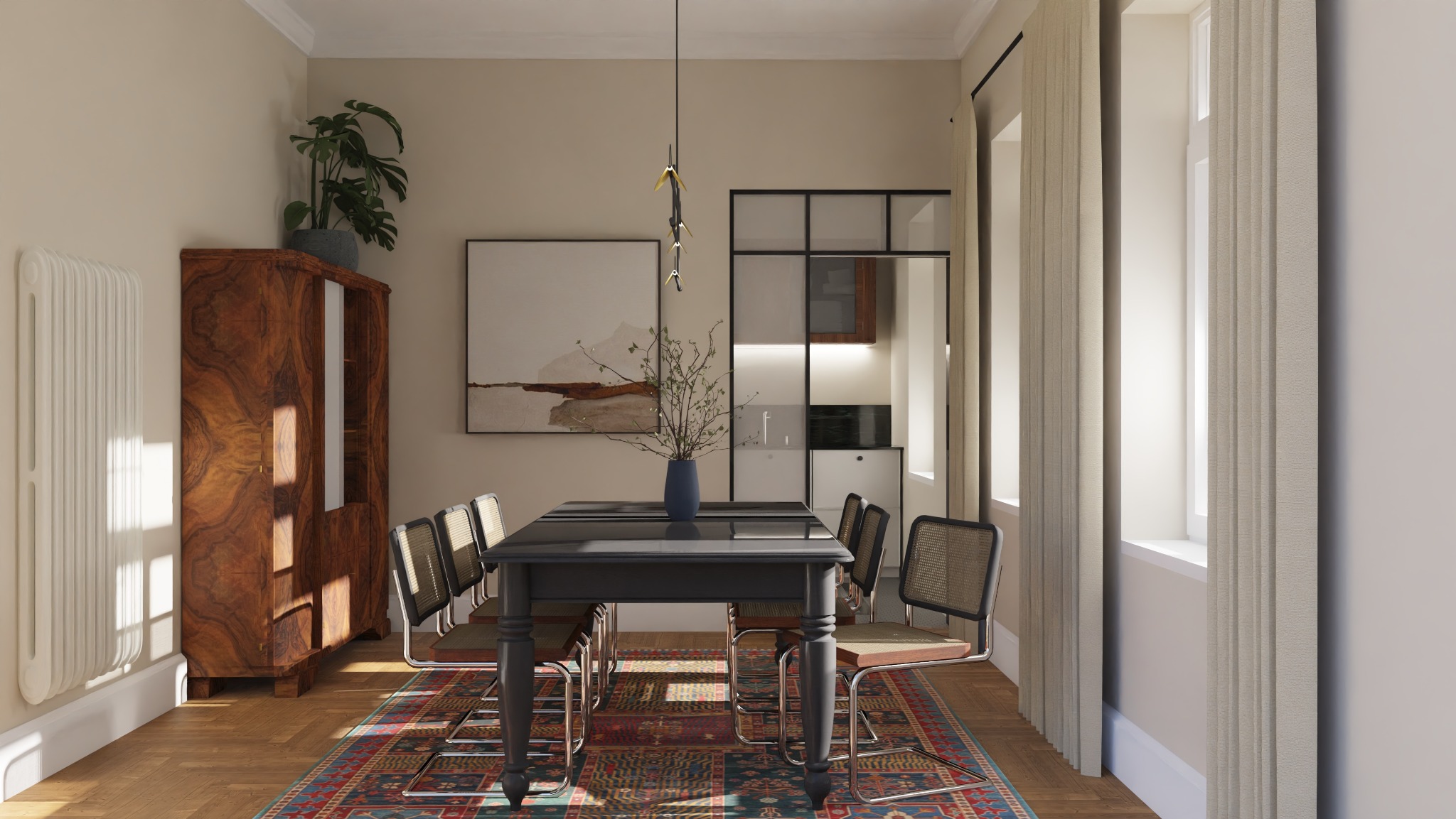 Jasna jadalnia z drewnianym stołem, krzesłami z rattanu, wzorzystym dywanem i szafą z rośliną. Nad stołem wisi nowoczesna lampa. W tle widoczna kuchnia.