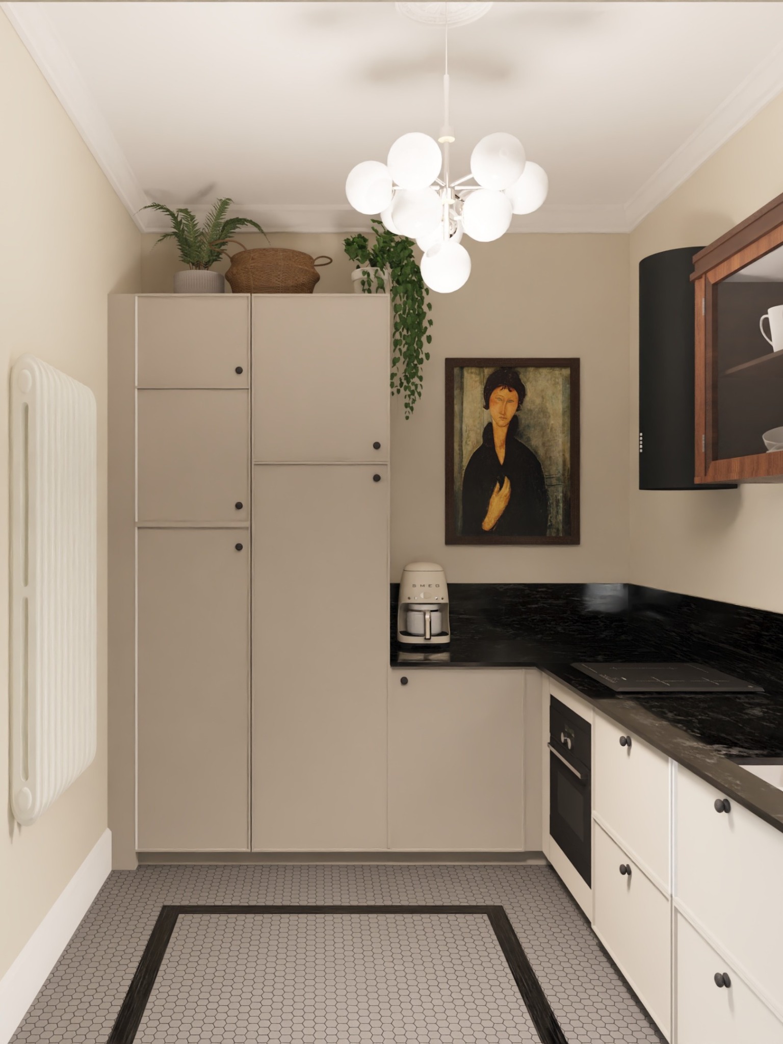 Kompaktowa kuchnia z białymi szafkami i czarnym blatem. Na ścianie obraz w ramie. Nad blatem designerska lampa. Na podłodze heksagonalne płytki z ciemną obwódką.