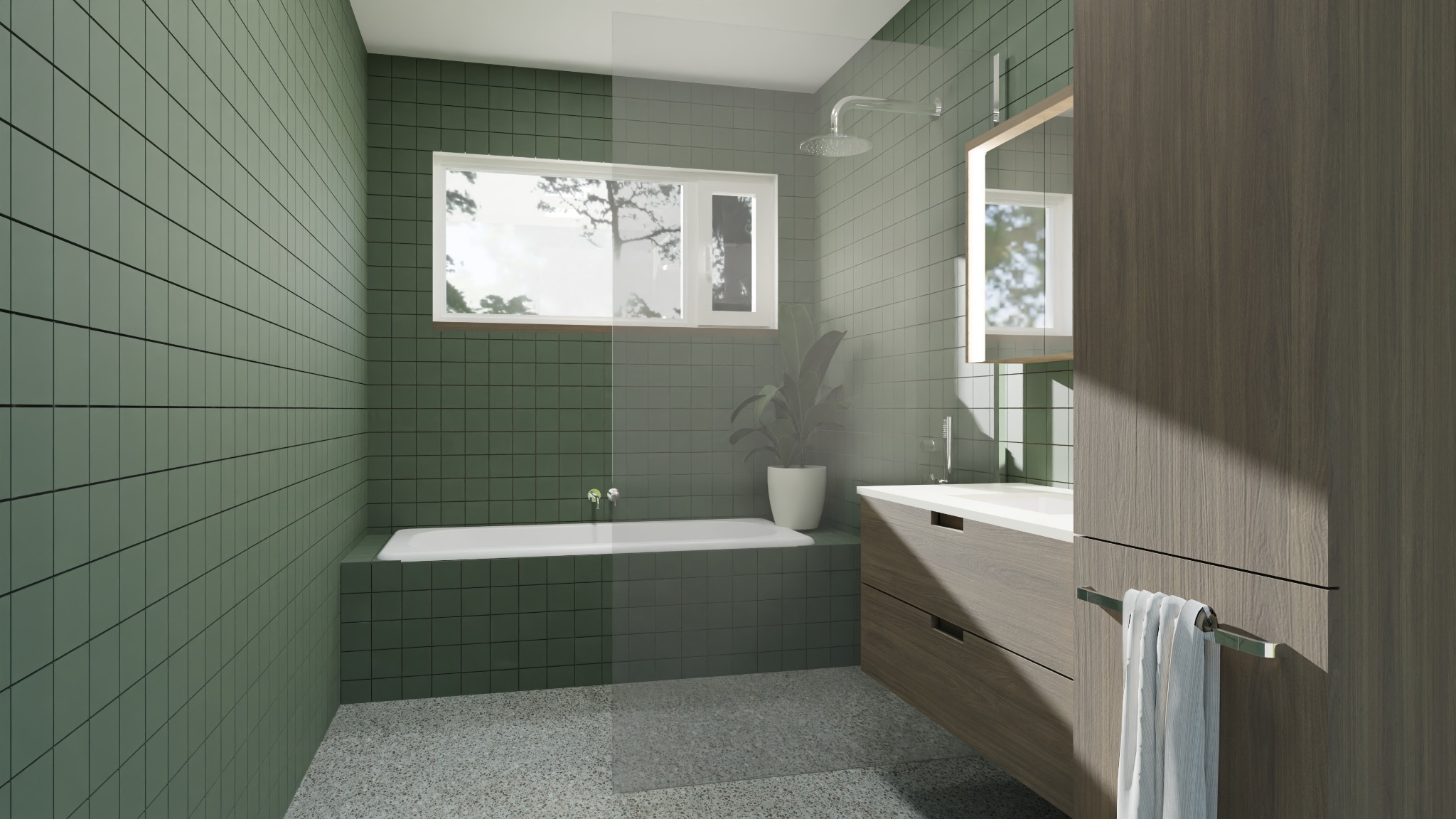 Nowoczesna łazienka z zielonymi płytkami, białą wanną i szafką z umywalką. Minimalistyczny design, okno z widokiem na zieleń. Jasne, naturalne światło.