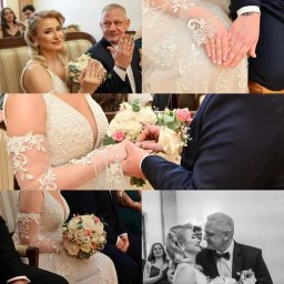 FotoKamilaSzymkowiak - Kolaż z ceremonii ślubnej: wymiana obrączek, uśmiechnięta para młoda, detale sukni ślubnej z koronką i bukiet kwiatów w pastelowych barwach.