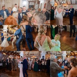 FotoKamilaSzymkowiak - Kolaż z wesela: para młoda tańczy, goście gratulują, dzieci bawią się na parkiecie. Dekoracje kwiatowe i ciepłe oświetlenie tworzą radosną atmosferę.